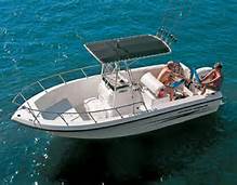 Center console rental boat with bimini top.